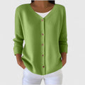 Knit Cardigan Green Women's V-Neck Button-Up Long Sleeve – Casual, Office, Everyday Layering