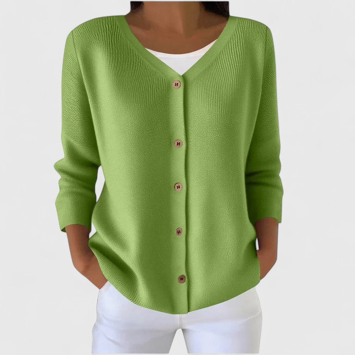 Knit Cardigan Green Women's V-Neck Button-Up Long Sleeve – Casual, Office, Everyday Layering