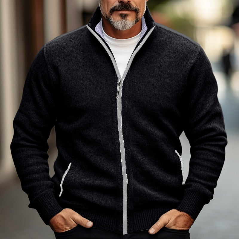 Knit Cardigan Men's Grey Full-Zip Stand Collar Sweater Jacket – Casual, Office, Autumn Winter Layering