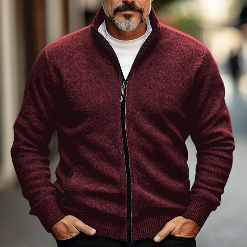 Knit Cardigan Men's Grey Full-Zip Stand Collar Sweater Jacket – Casual, Office, Autumn Winter Layering