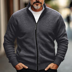 Knit Cardigan Men's Grey Full-Zip Stand Collar Sweater Jacket – Casual, Office, Autumn Winter Layering