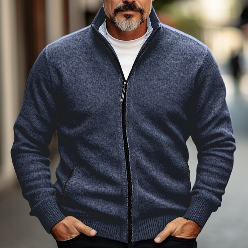 Knit Cardigan Men's Grey Full-Zip Stand Collar Sweater Jacket – Casual, Office, Autumn Winter Layering
