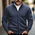Knit Cardigan Men's Grey Full-Zip Stand Collar Sweater Jacket – Casual, Office, Autumn Winter Layering