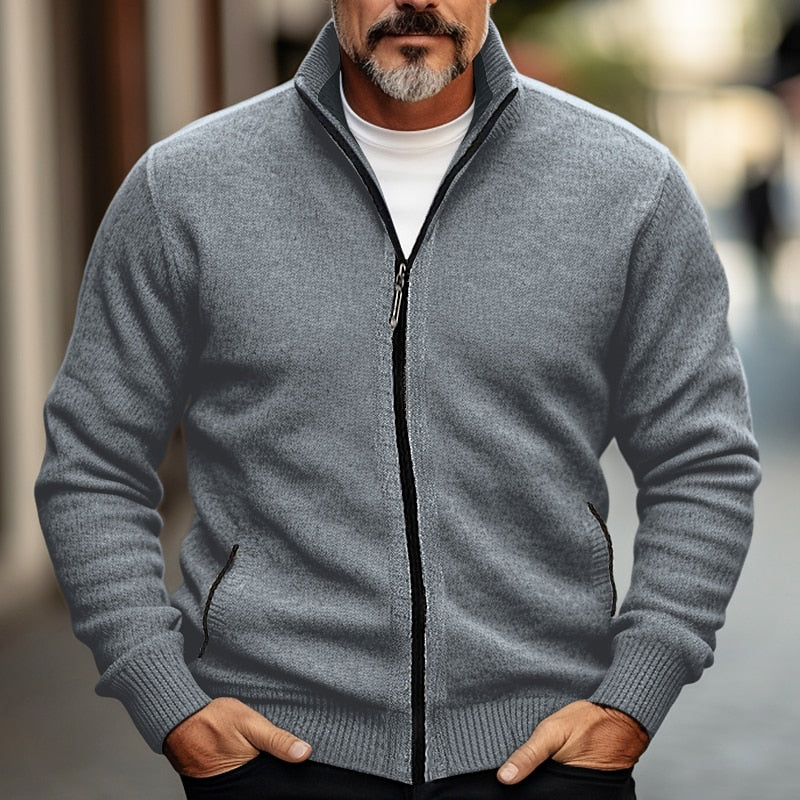 Knit Cardigan Men's Grey Full-Zip Stand Collar Sweater Jacket – Casual, Office, Autumn Winter Layering