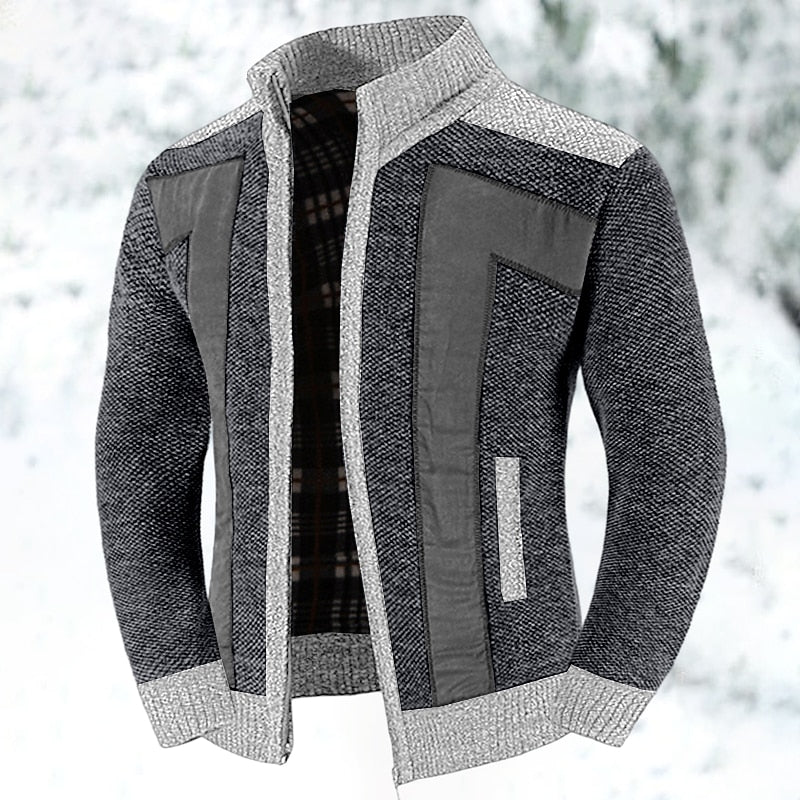 Knit Cardigan Men's Stand Collar Zip-Up Colour Block Fleece-Lined Sweater Jacket – Casual, Winter, Gift