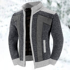 Knit Cardigan Men's Stand Collar Zip-Up Colour Block Fleece-Lined Sweater Jacket – Casual, Winter, Gift