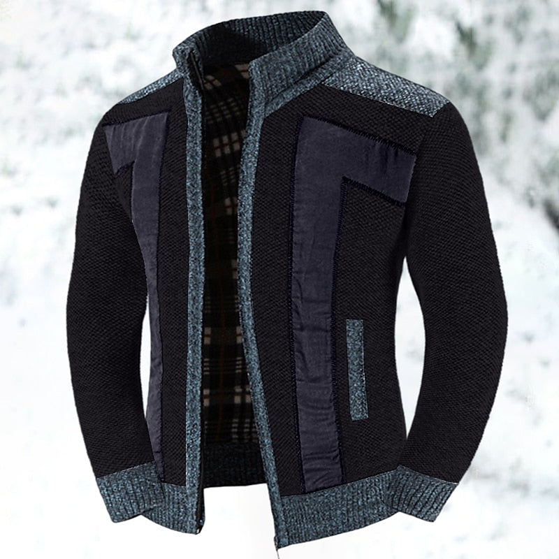 Knit Cardigan Men's Stand Collar Zip-Up Colour Block Fleece-Lined Sweater Jacket – Casual, Winter, Gift