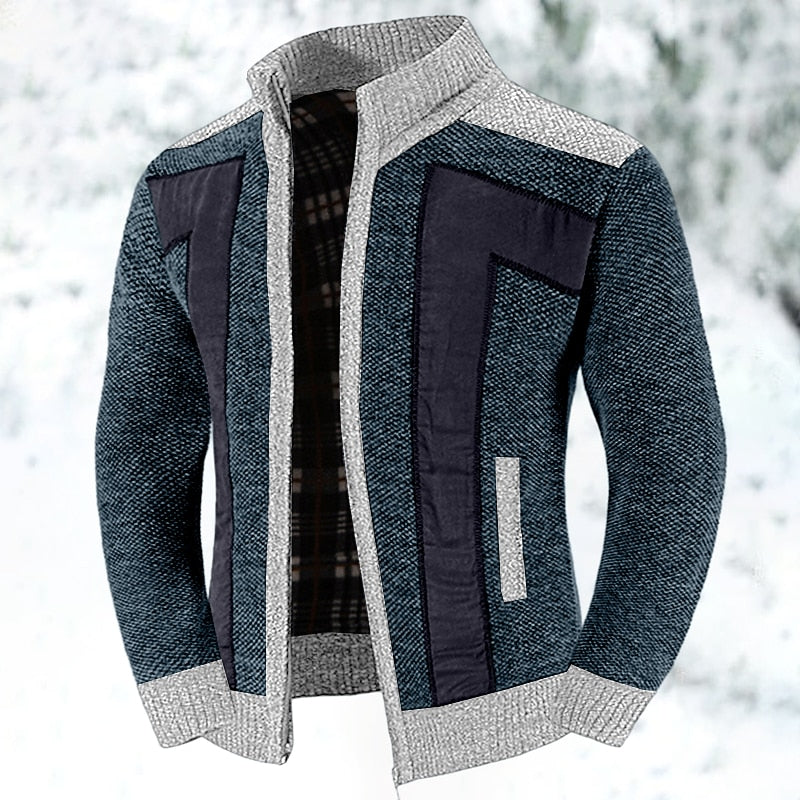 Knit Cardigan Men's Stand Collar Zip-Up Colour Block Fleece-Lined Sweater Jacket – Casual, Winter, Gift