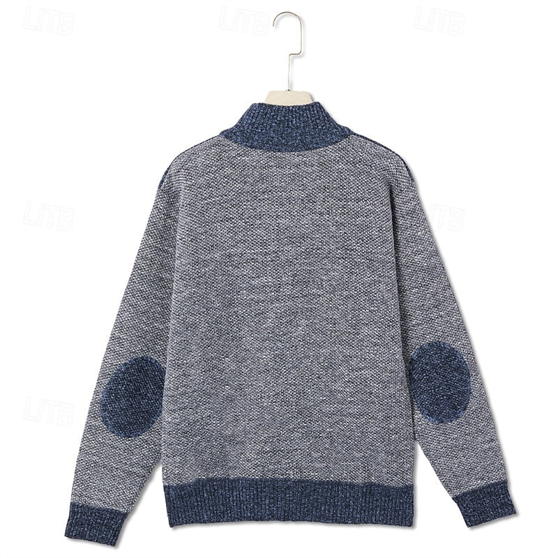 Knit Cardigan Men's Stand Collar Zip-Up Colour Block Fleece-Lined Sweater Jacket – Casual, Winter, Gift