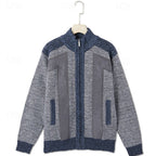 Knit Cardigan Men's Stand Collar Zip-Up Colour Block Fleece-Lined Sweater Jacket – Casual, Winter, Gift