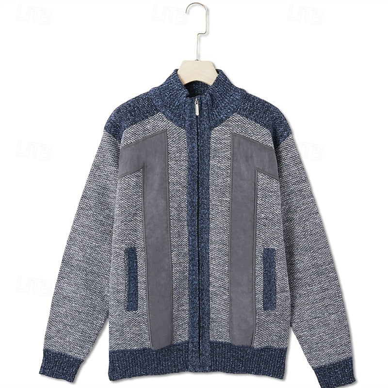Knit Cardigan Men's Stand Collar Zip-Up Colour Block Fleece-Lined Sweater Jacket – Casual, Winter, Gift