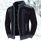 Knit Cardigan Men's Stand Collar Zip-Up Colour Block Fleece-Lined Sweater Jacket – Casual, Winter, Gift