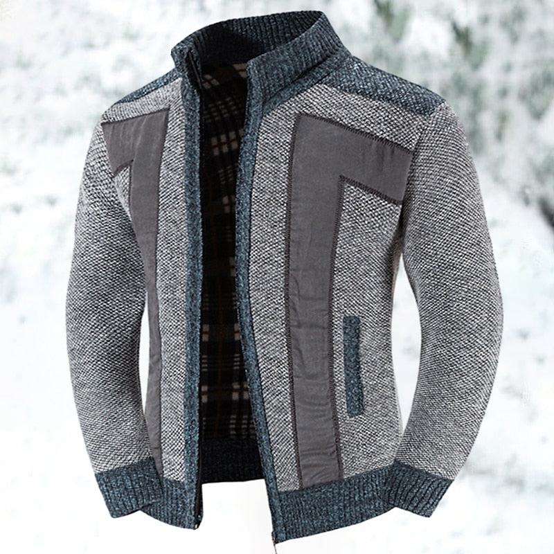 Knit Cardigan Men's Stand Collar Zip-Up Colour Block Fleece-Lined Sweater Jacket – Casual, Winter, Gift