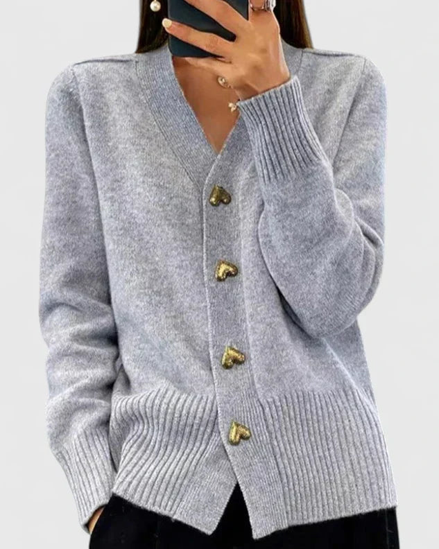 Knit Cardigan Navy Blue Women's V-Neck with Gold Heart Buttons – Casual, Office, Autumn Layering