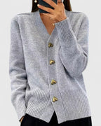 Knit Cardigan Navy Blue Women's V-Neck with Gold Heart Buttons – Casual, Office, Autumn Layering