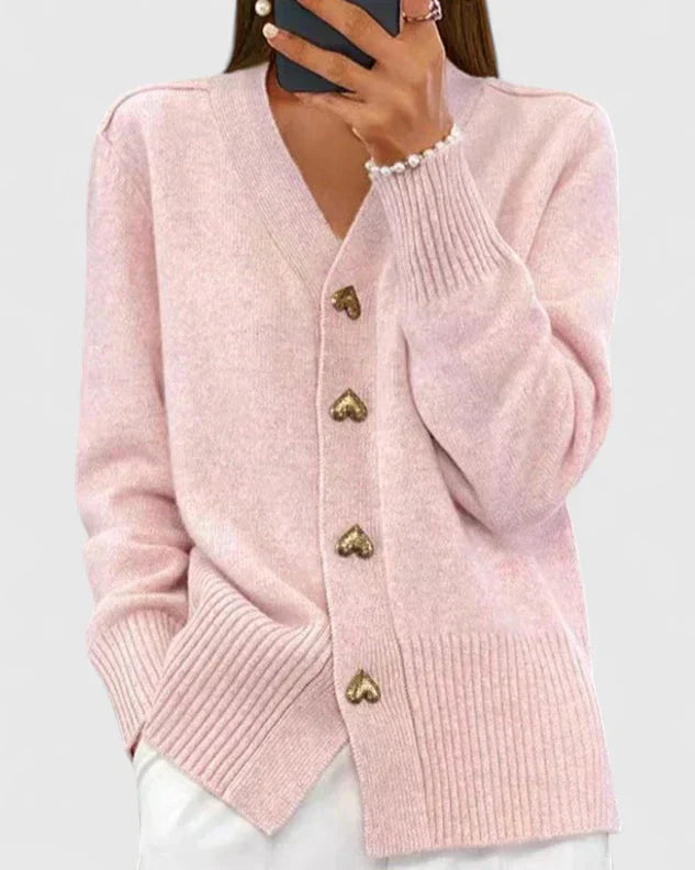 Knit Cardigan Navy Blue Women's V-Neck with Gold Heart Buttons – Casual, Office, Autumn Layering