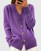 Knit Cardigan Navy Blue Women's V-Neck with Gold Heart Buttons – Casual, Office, Autumn Layering