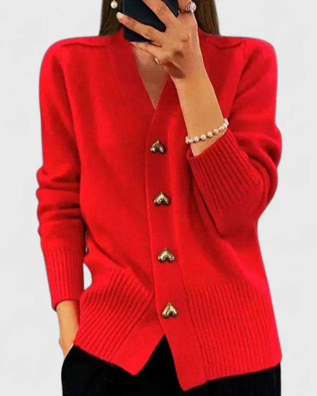 Knit Cardigan Navy Blue Women's V-Neck with Gold Heart Buttons – Casual, Office, Autumn Layering