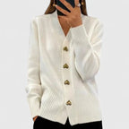 Knit Cardigan Navy Blue Women's V-Neck with Gold Heart Buttons – Casual, Office, Autumn Layering