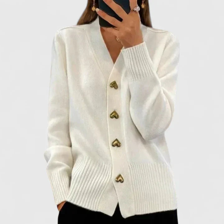 Knit Cardigan Navy Blue Women's V-Neck with Gold Heart Buttons – Casual, Office, Autumn Layering
