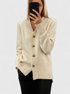 Knit Cardigan Navy Blue Women's V-Neck with Gold Heart Buttons – Casual, Office, Autumn Layering