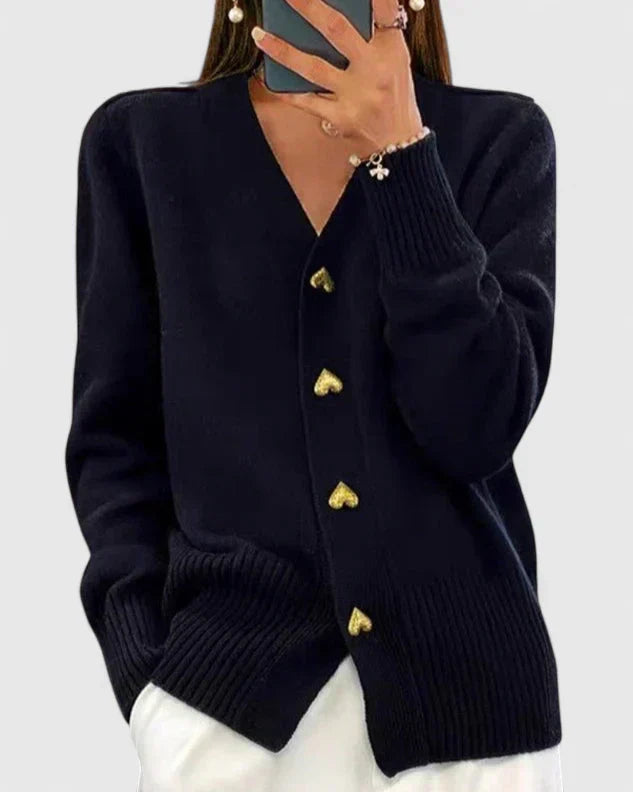 Knit Cardigan Navy Blue Women's V-Neck with Gold Heart Buttons – Casual, Office, Autumn Layering