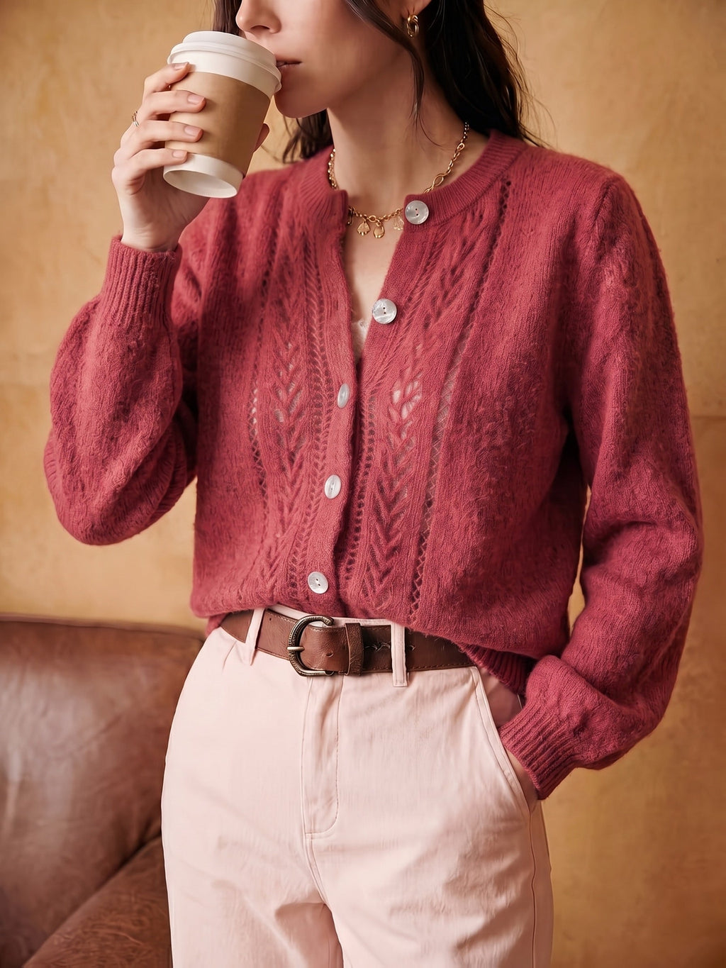 Knit Cardigan Pointelle Button-Up Women's Green Long Sleeve – Casual, Office, Everyday Layering