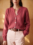 Knit Cardigan Pointelle Button-Up Women's Green Long Sleeve – Casual, Office, Everyday Layering