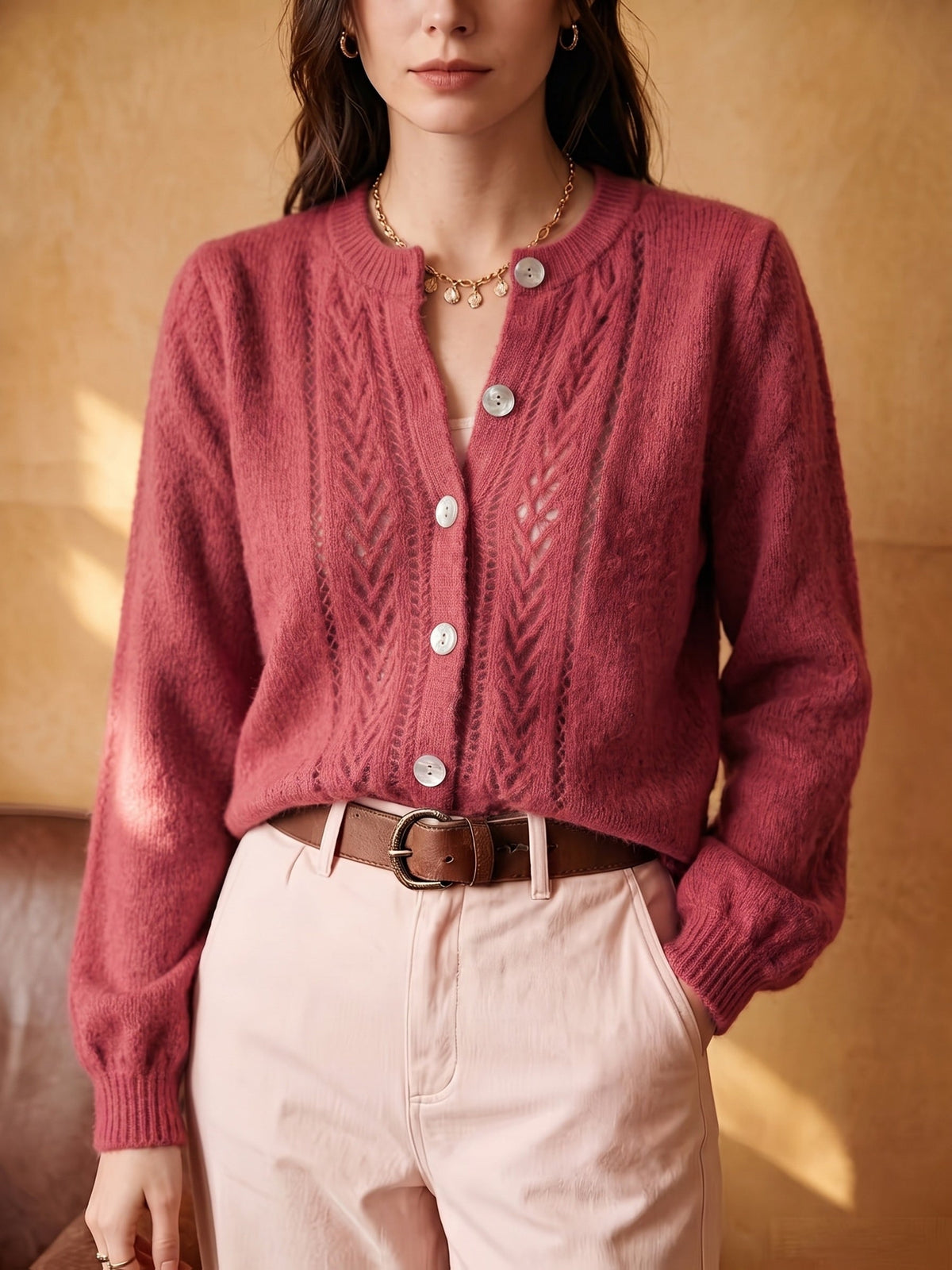 Knit Cardigan Pointelle Button-Up Women's Green Long Sleeve – Casual, Office, Everyday Layering