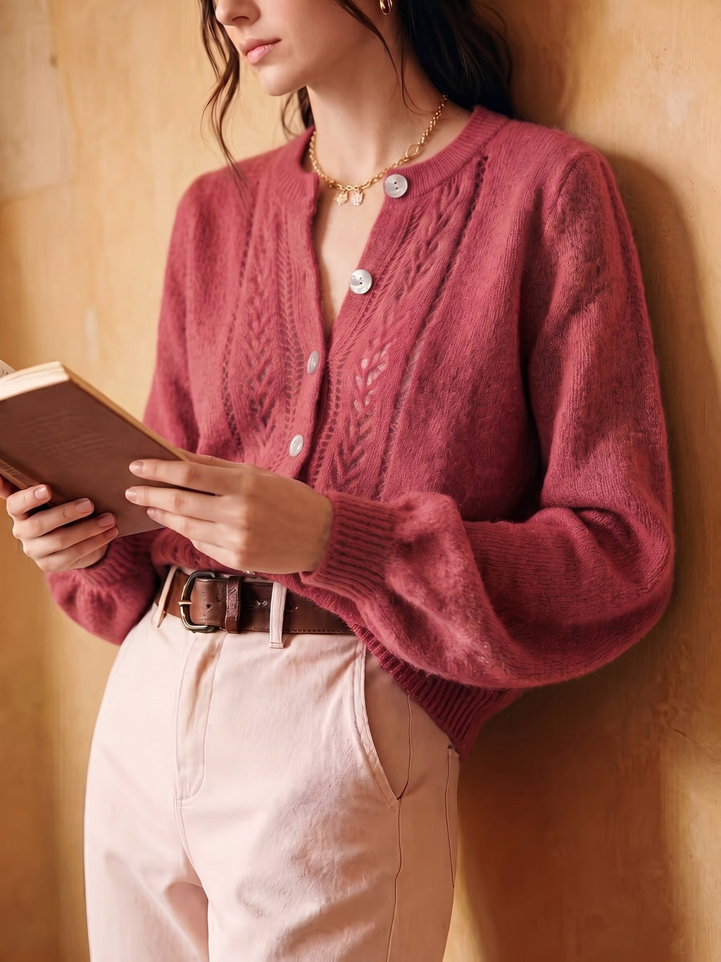 Knit Cardigan Pointelle Button-Up Women's Green Long Sleeve – Casual, Office, Everyday Layering