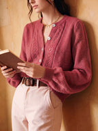 Knit Cardigan Pointelle Button-Up Women's Green Long Sleeve – Casual, Office, Everyday Layering