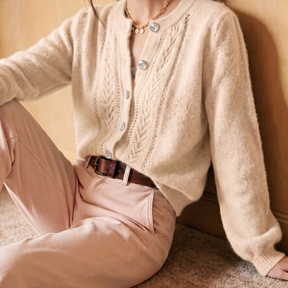 Knit Cardigan Pointelle Button-Up Women's Green Long Sleeve – Casual, Office, Everyday Layering