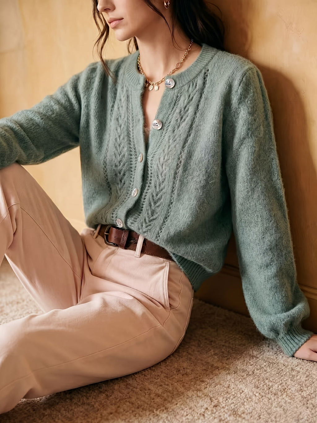 Knit Cardigan Pointelle Button-Up Women's Green Long Sleeve – Casual, Office, Everyday Layering