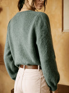 Knit Cardigan Pointelle Button-Up Women's Green Long Sleeve – Casual, Office, Everyday Layering