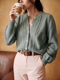 Knit Cardigan Pointelle Button-Up Women's Green Long Sleeve – Casual, Office, Everyday Layering