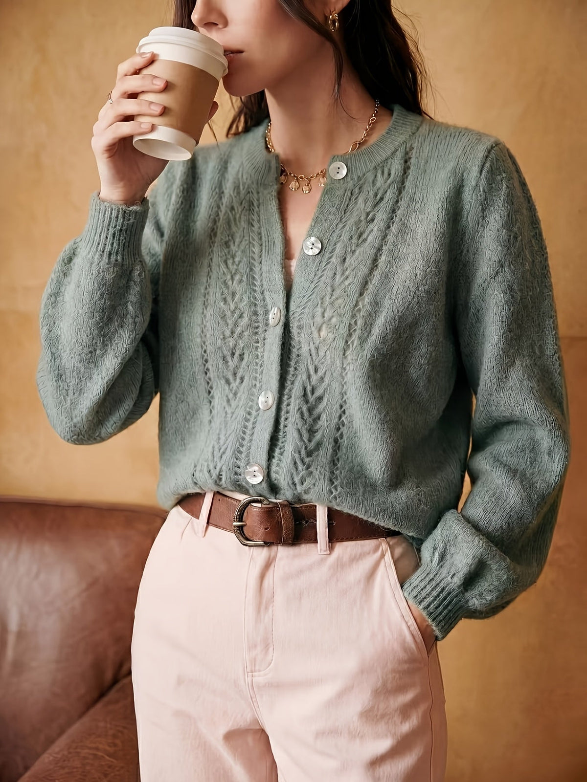 Knit Cardigan Pointelle Button-Up Women's Green Long Sleeve – Casual, Office, Everyday Layering