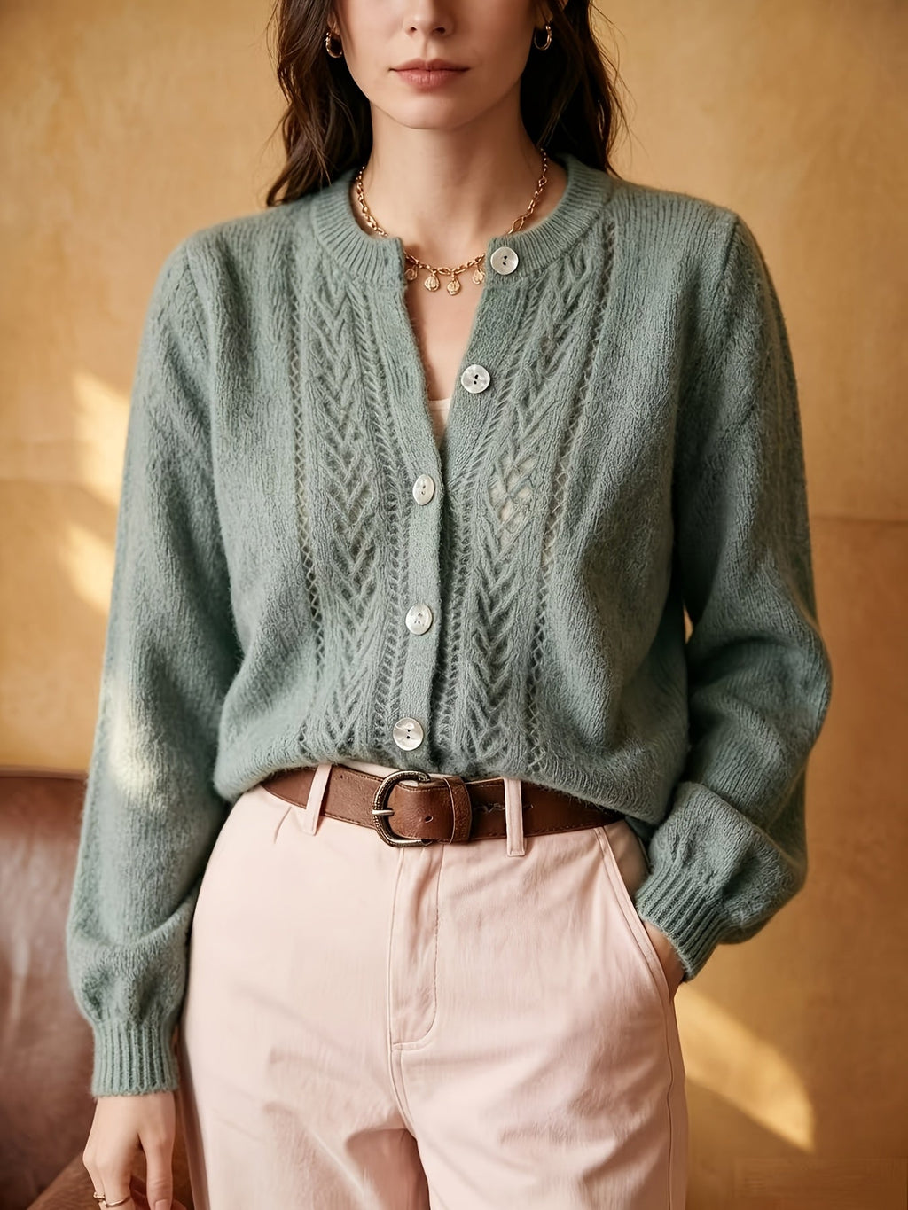 Knit Cardigan Pointelle Button-Up Women's Green Long Sleeve – Casual, Office, Everyday Layering