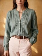 Knit Cardigan Pointelle Button-Up Women's Green Long Sleeve – Casual, Office, Everyday Layering