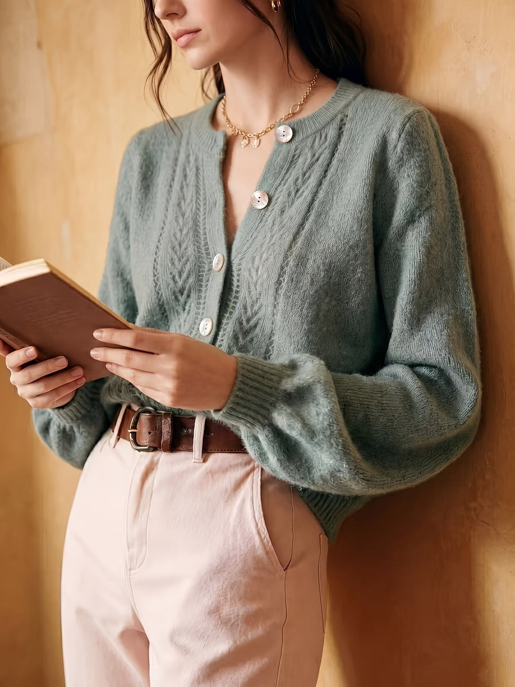 Knit Cardigan Pointelle Button-Up Women's Green Long Sleeve – Casual, Office, Everyday Layering