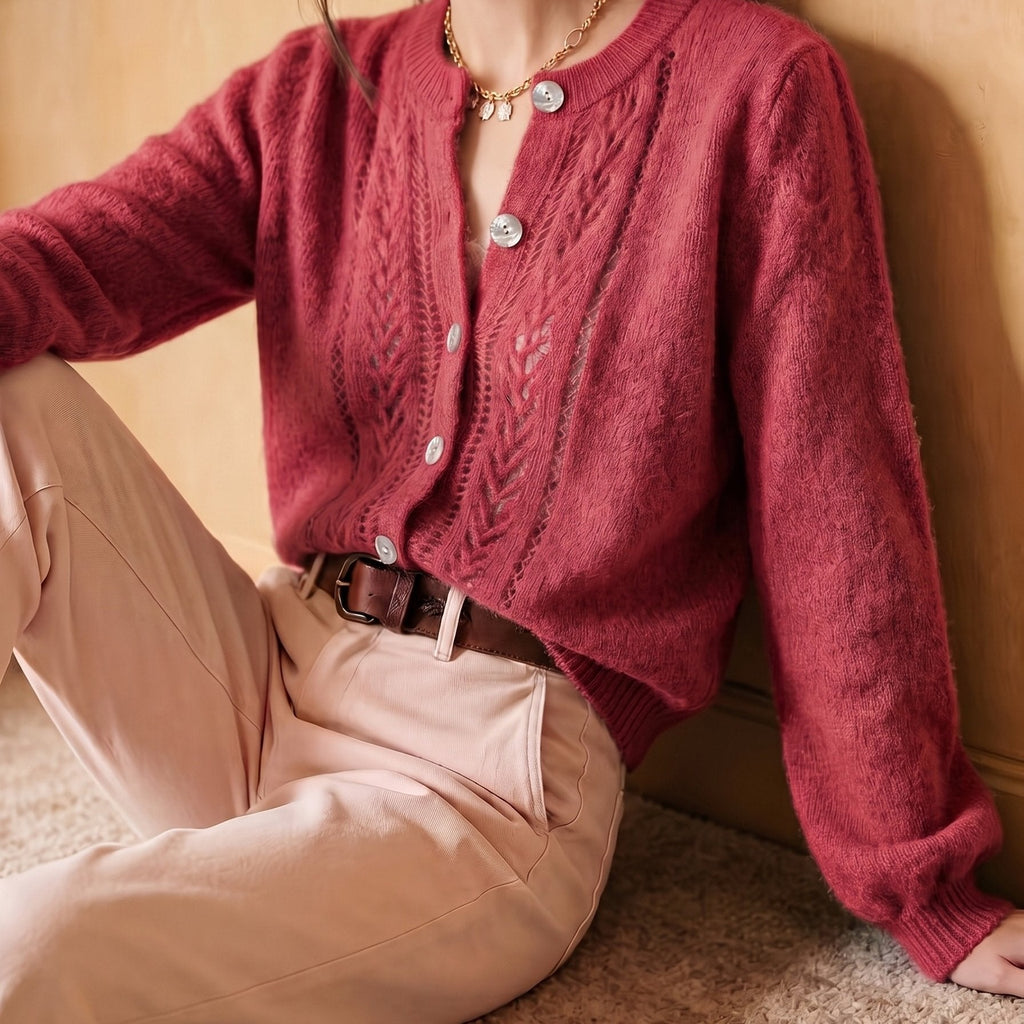 Knit Cardigan Pointelle Button-Up Women's Green Long Sleeve – Casual, Office, Everyday Layering