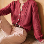 Knit Cardigan Pointelle Button-Up Women's Green Long Sleeve – Casual, Office, Everyday Layering