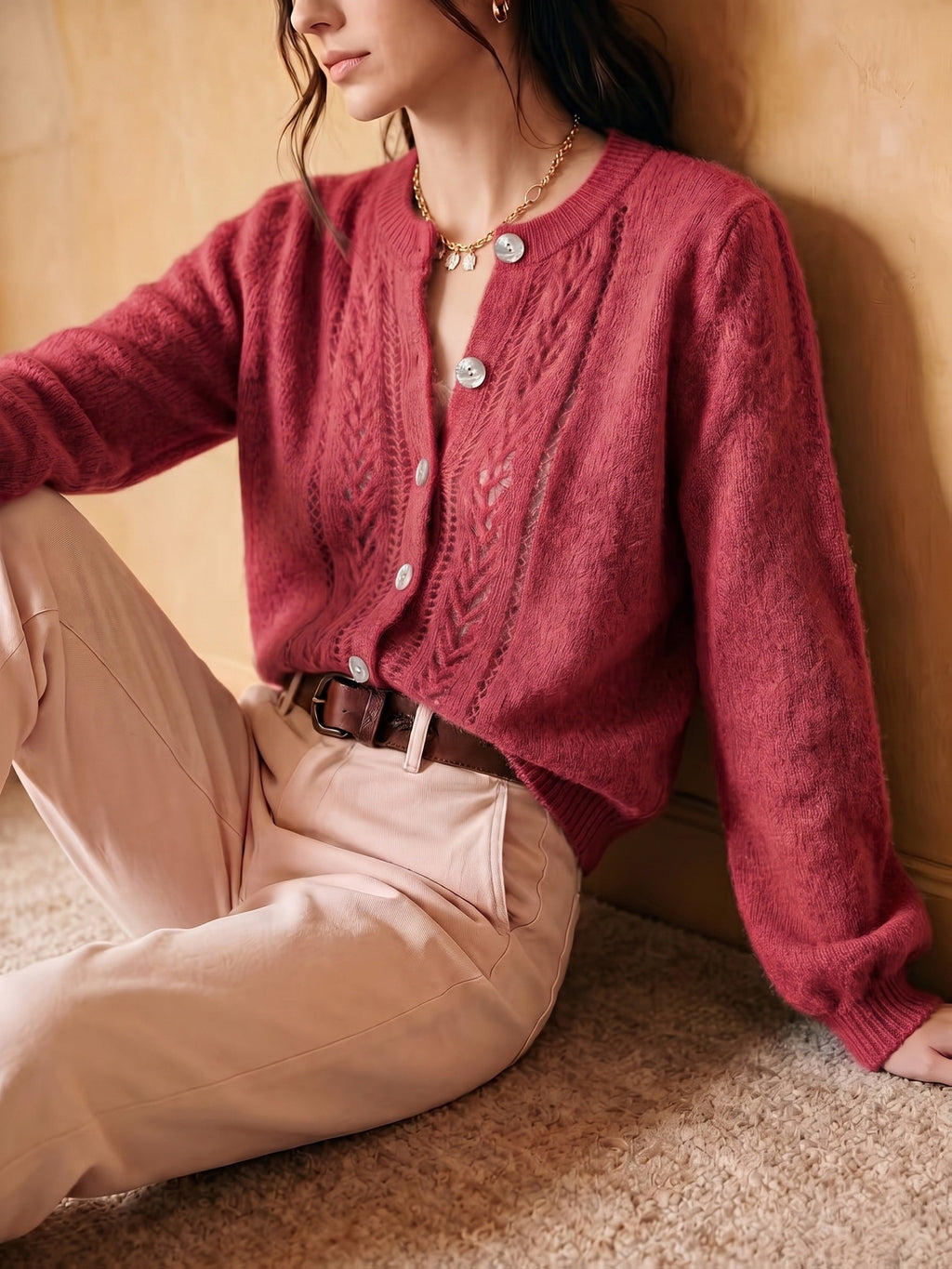 Knit Cardigan Pointelle Button-Up Women's Green Long Sleeve – Casual, Office, Everyday Layering