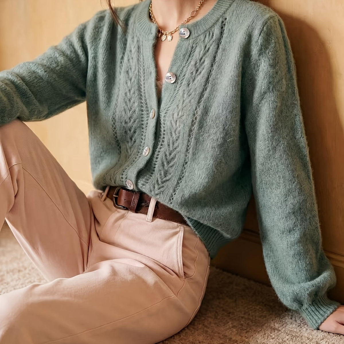 Knit Cardigan Pointelle Button-Up Women's Green Long Sleeve – Casual, Office, Everyday Layering