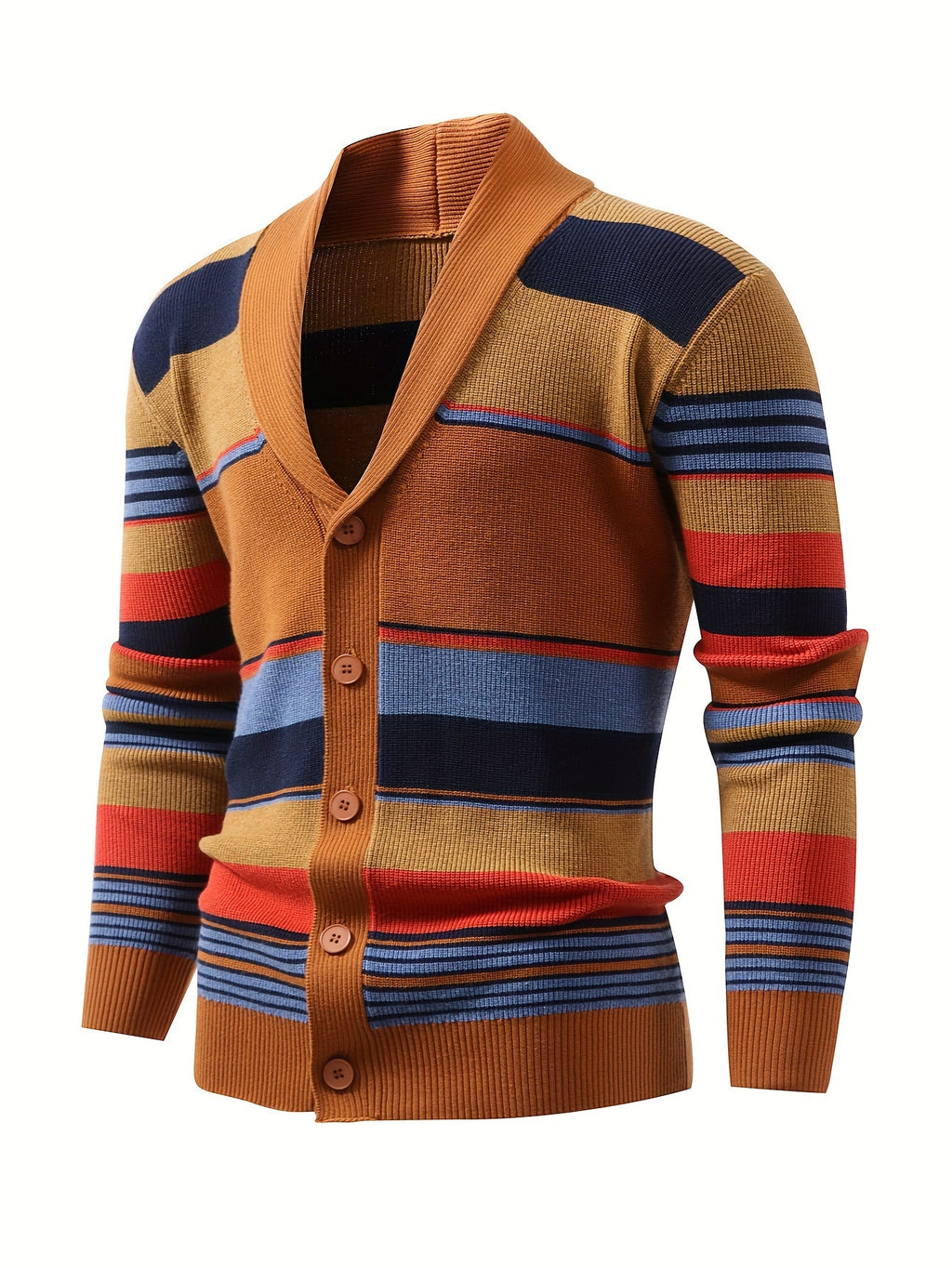 Knit Cardigan Striped Shawl Collar Men's Button-Up Sweater – Casual, Office, Holiday, Gift