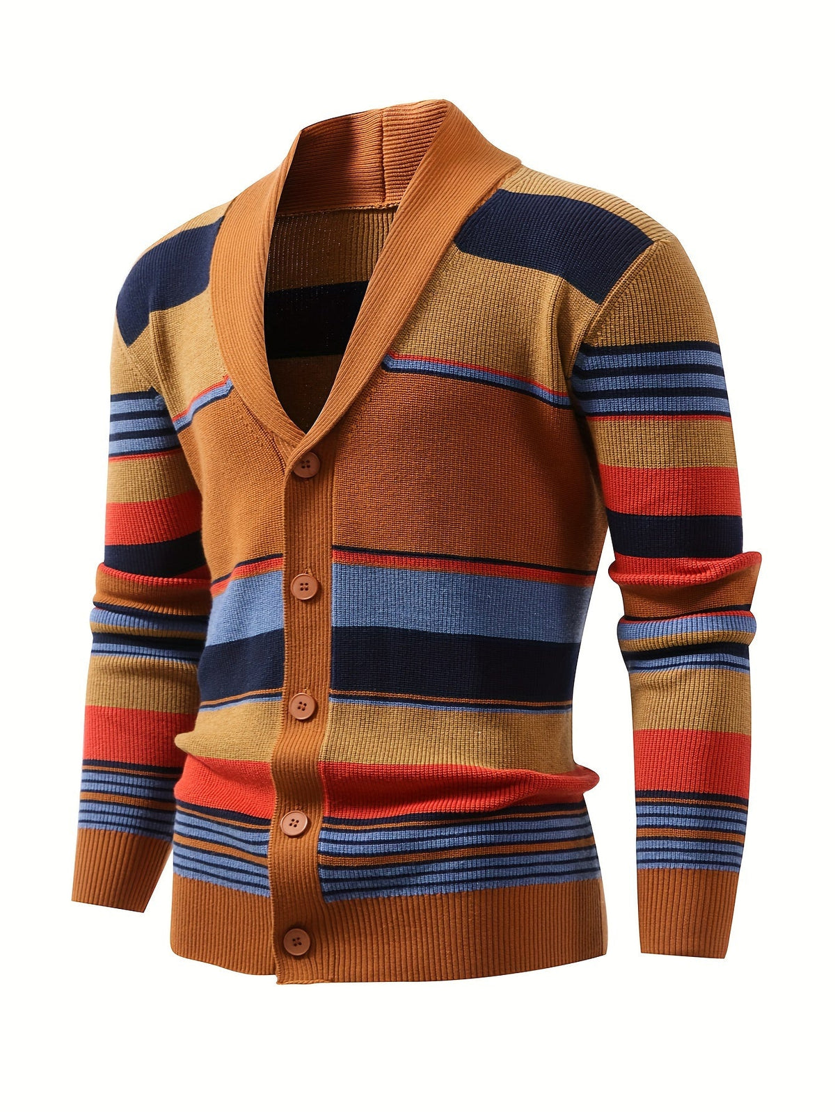 Knit Cardigan Striped Shawl Collar Men's Button-Up Sweater – Casual, Office, Holiday, Gift
