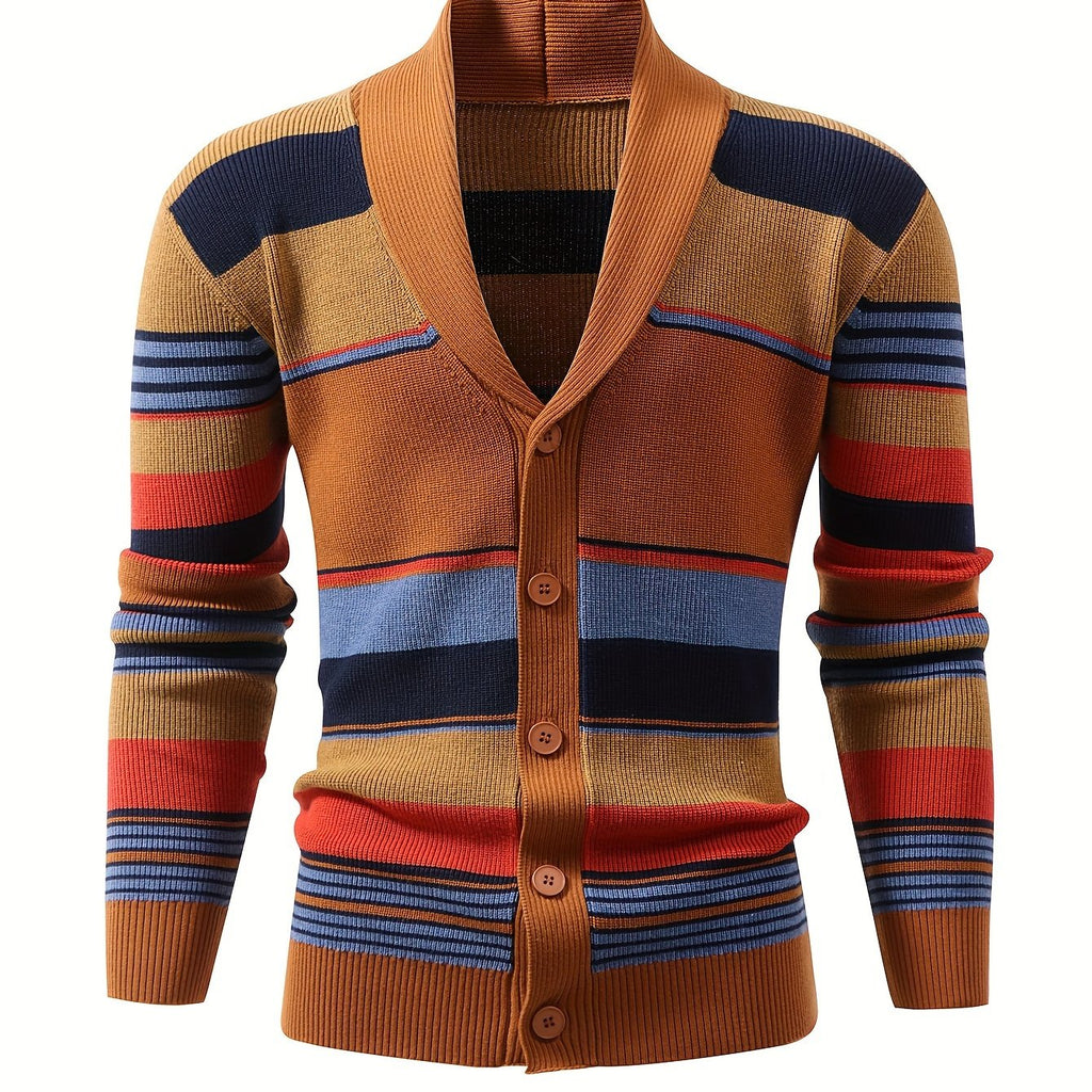 Knit Cardigan Striped Shawl Collar Men's Button-Up Sweater – Casual, Office, Holiday, Gift