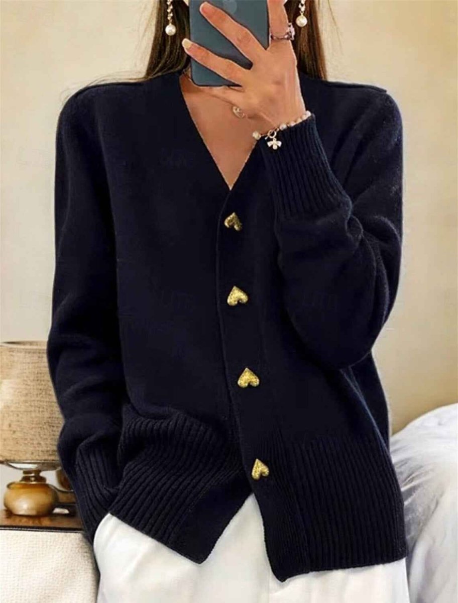 Knit Cardigan V-Neck Women's Long Sleeve Grey Heart Buttons – Casual, Office, Everyday, Gift