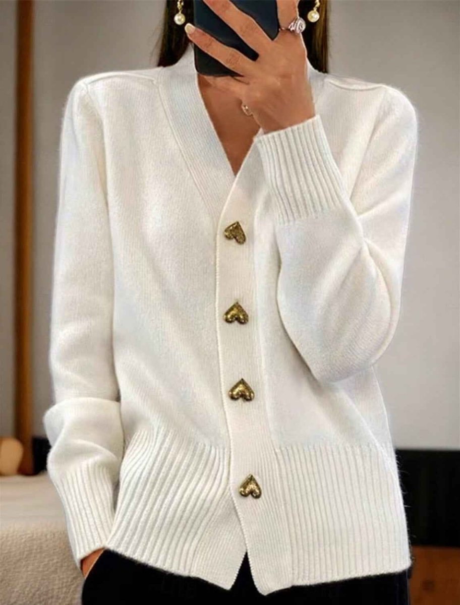 Knit Cardigan V-Neck Women's Long Sleeve Grey Heart Buttons – Casual, Office, Everyday, Gift