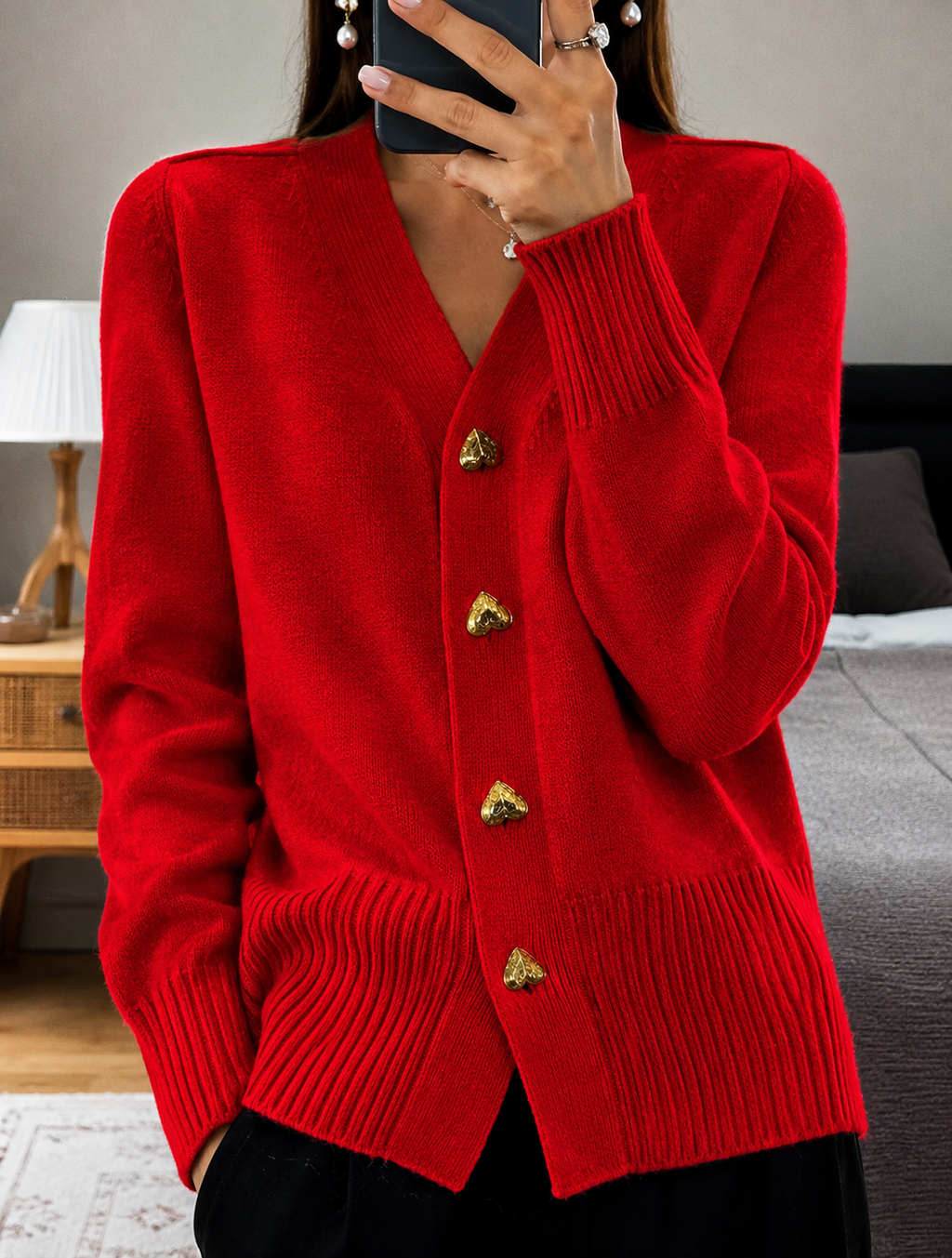 Knit Cardigan V-Neck Women's Long Sleeve Grey Heart Buttons – Casual, Office, Everyday, Gift