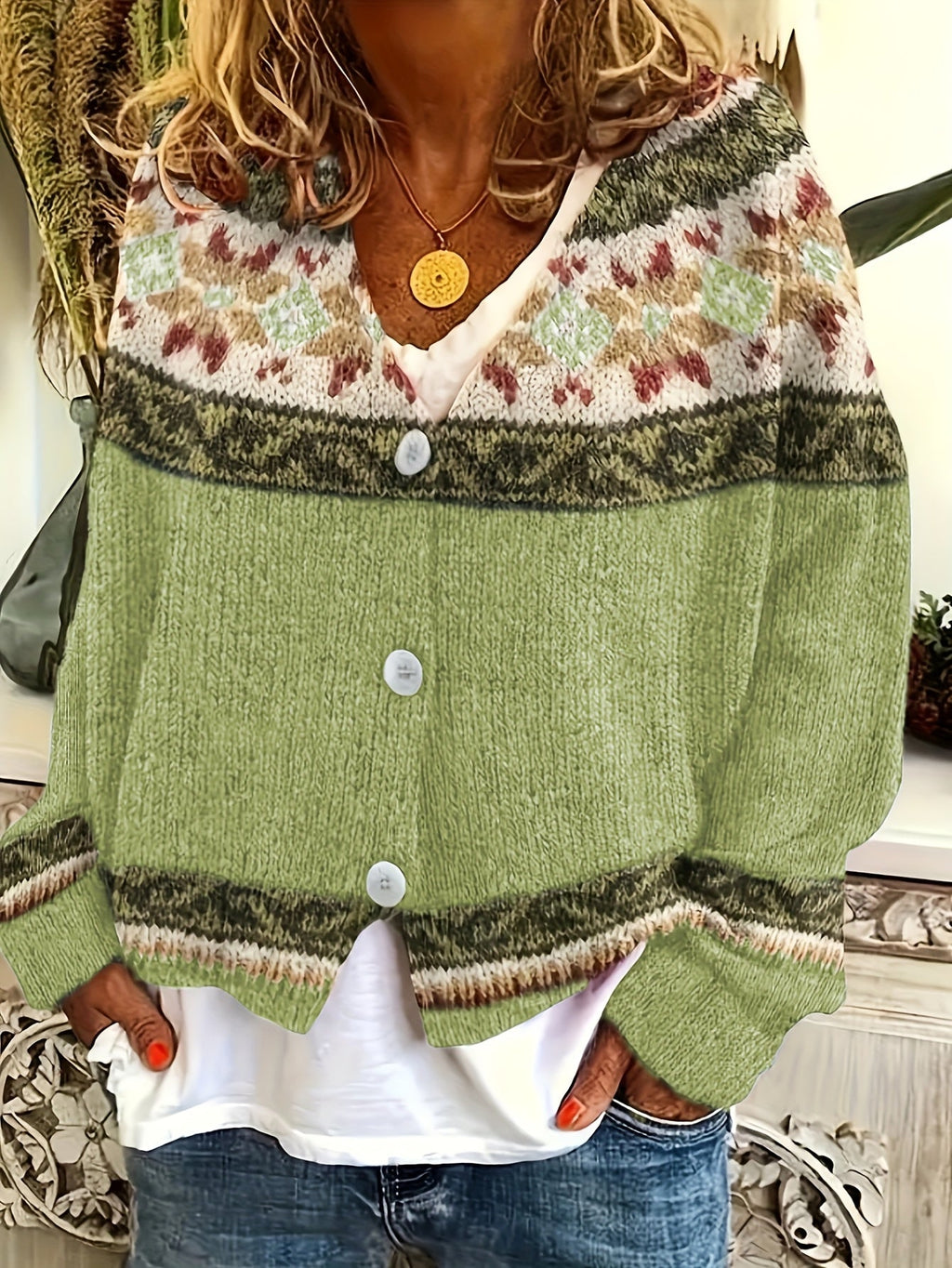 Knit Cardigan Women's Blue Aztec Pattern Button-Front V-Neck Sweater – Casual, Autumn, Office, Gift
